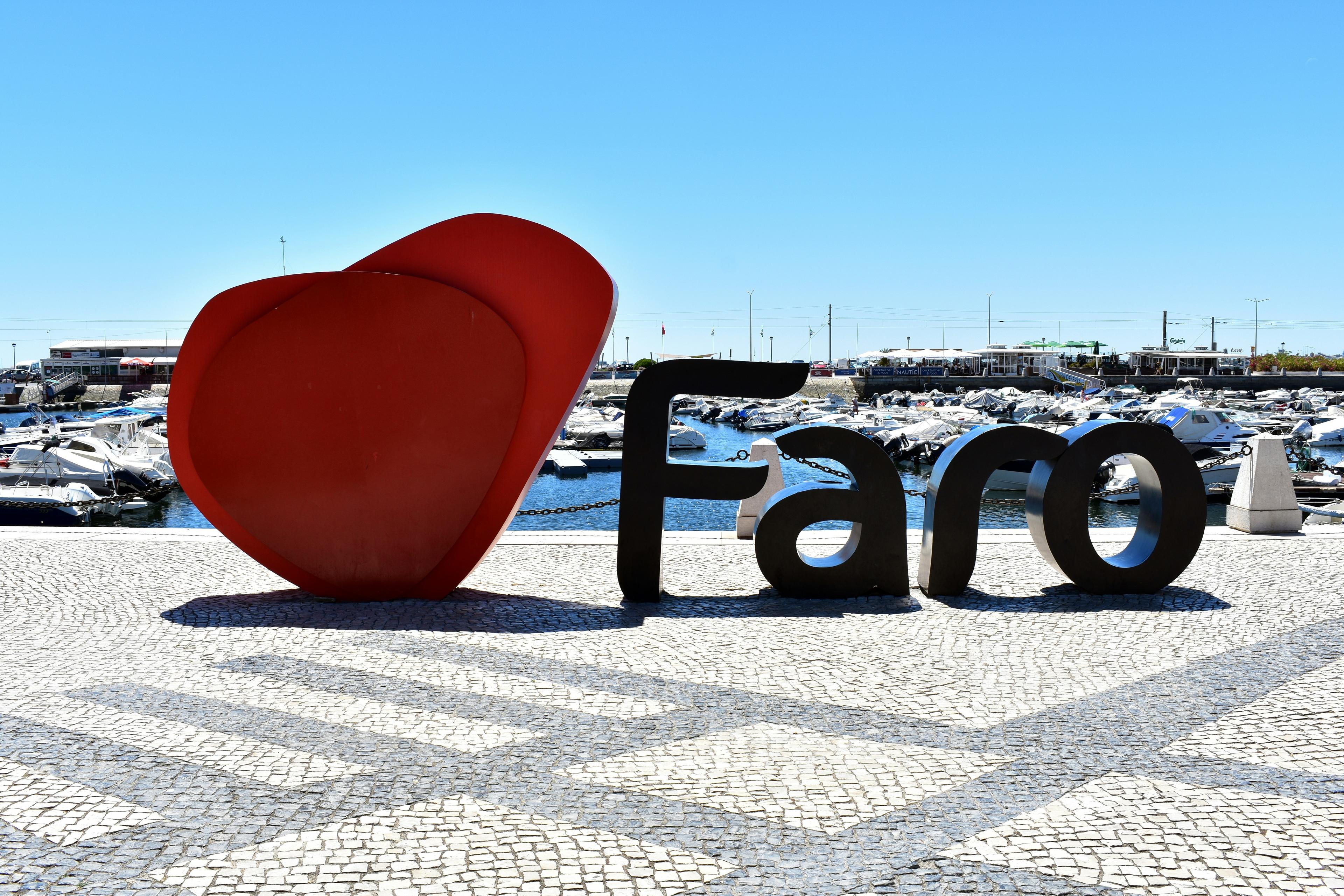 Faro city landmark with iconic heart sculpture